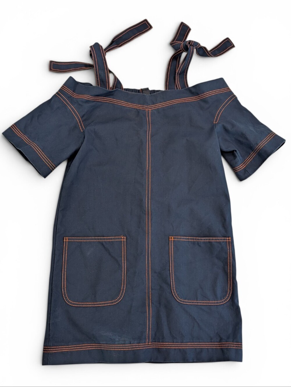 MSGM Milano Denim Navy Dress with Orange Stitching and Tie Straps Size EU 42